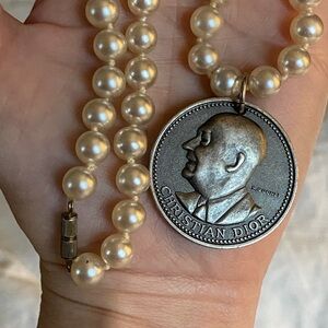 CHRISTIAN DIOR Silver Medallion Pearl Necklace